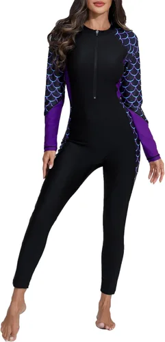 Vista 6 de Halcurt - Traje de baño de una pieza con cremallera frontal para mujer, manga larga, con protección contra erupciones (factor de protección solar 50)