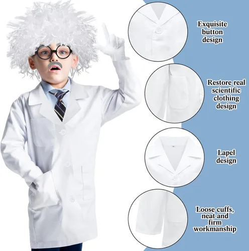 Vista 7 de Suhine 9 Pieces Mad Scientist Costume Set Halloween Crazy Mad Scientist Wig Lab Coat Glasses Mustache Physicist Costume