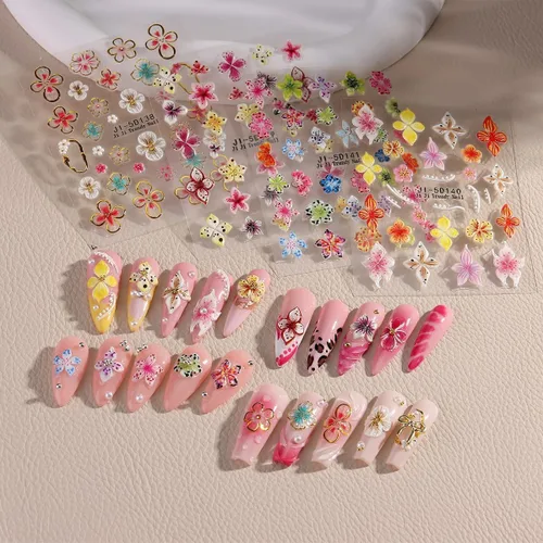 Vista 7 de 4 hojas de calcomanías de flores para arte de uñas, calcomanías de hibisco en relieve 5D, rosa, blanco, lirio, hibisco, flores tropicales, verano
