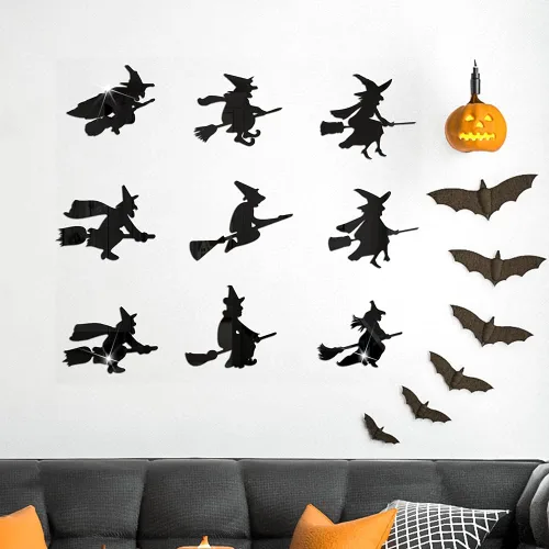 Vista 2 de Calcomanías de pared de bruja de Halloween, calcomanías de pared 3D, decoración para sala de estar, dormitorio, pared, ventana, decoración de espejo