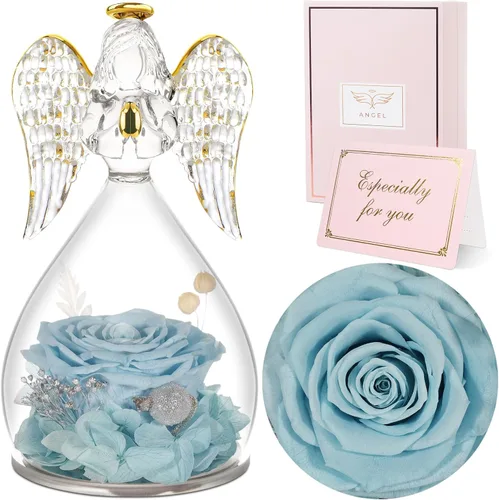 Vista 20 de Sunia Regalos para mamá, regalos de cumpleaños para mujeres, rosas reales preservadas en figura de ángel de cristal, flores eternas para la entrega