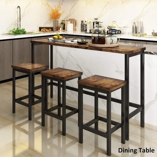 Vista 2 de RUNNA Juego de mesa de comedor extra larga de 4 piezas, mesa auxiliar de cocina de bar con 3 taburetes de bar (marrón)