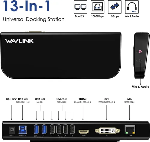 Vista 2 de WAVLINK Estación de acoplamiento USB para laptop con dos monitores, DisplayLink para M1-M5 Mac/MacBook Neo, Windows, ChromeOS