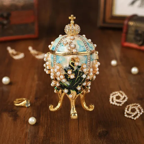Vista 5 de Caja de joyería de huevo de Pascua, adornos esmaltados con bisagras, estilo victoriano, pintado a mano, regalo de artesanía de metal para decoración