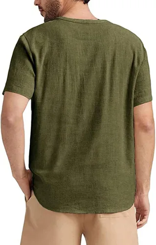 Vista 2 de Angbater Camiseta casual de lino Henley de manga corta para hombre, camiseta hippie de playa, camiseta ligera tropical para verano