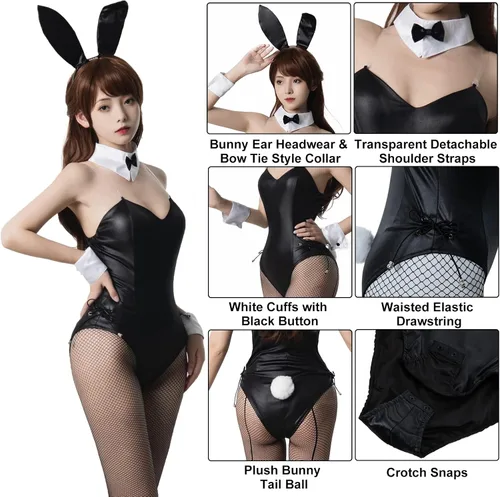 Vista 2 de Disfraz de conejito para mujer, adorable traje de senpai de conejito Mai San Sakurajima con orejas de conejito de una pieza