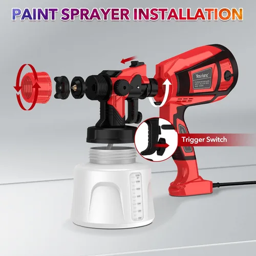 Vista 6 de Pulverizador de pintura de 1000 W para pintura de casa, pistola de pintura en aerosol de 32000 RPM con 3 patrones ajustables, pistola