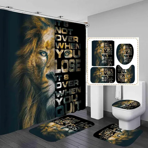 Vista 17 de Juego de 4 cortinas de ducha de rey león negro, citas inspiradoras, palabras motivacionales positivas y educativas, decoración de baño de animales