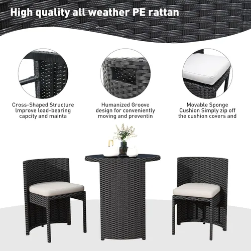 Vista 5 de Juego de 3 piezas de mimbre para exteriores, muebles de patio que ahorran espacio con mesa de ratán para césped, jardín, piscina, balcón, sin