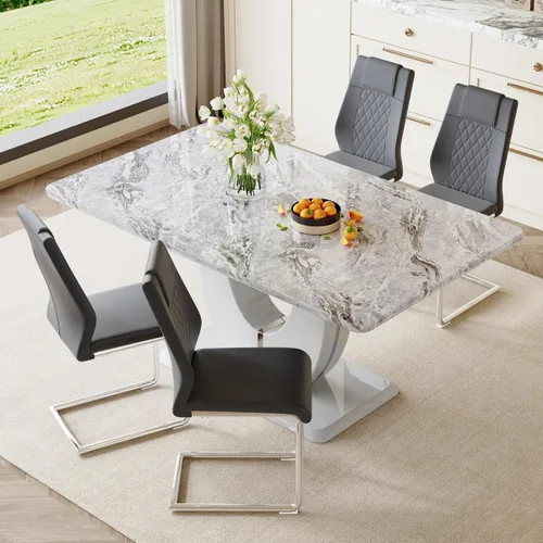 Vista 21 de JUFU Juego de mesa de comedor moderno para 4, juego de mesa de cocina rectangular de 63 pulgadas con mesa de mármol sintético y 4 sillas tapizadas
