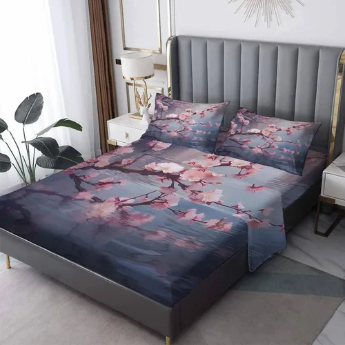 Vista 8 de Z9-&-189 - Juego de sábanas de 3 piezas con estampado de flor de cerezo en flor de cerezo, sábana bajera ajustable de microfibra suave con bolsillo