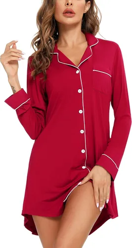 Vista 156 de Samring Camisón de pijama para mujer, manga corta/larga, con botones, camisón para dormir, camisón para novio, talla XXL