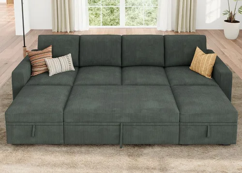 Vista 13 de HONBAY Sofá cama modular, sofá cama modular de pana extraíble con almacenamiento, sofás seccionales en forma de U para sala de estar, color azul
