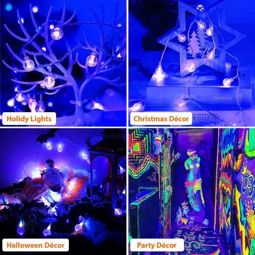 Vista 5 de OMIKA Tira de luces LED negras de 15 pies, funciona con pilas, luces de Navidad negras UV, luces de hadas parpadeantes con control remoto, luz negra