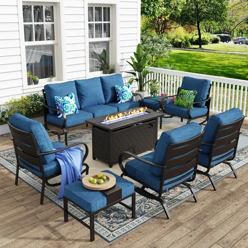 Vista 66 de MFSTUDIO Juego de 4 piezas de conversación para patio, marco de metal para todo tipo de clima, muebles de exterior con 1 mesa rectangular de propano