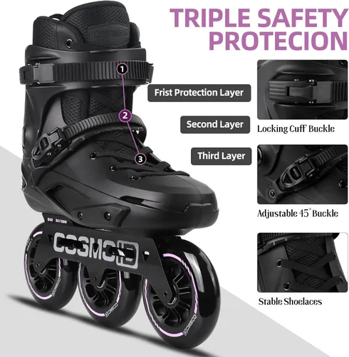 Vista 4 de Patín en línea para adultos - COSMOID Patines de alta performance con cuchillas para mujeres y hombres, marco de metal de 3 ruedas de 110mm