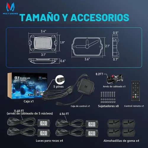 Vista 8 de MICTUNING Q1 RGBW Luces LED Rock, 4 Módulos de Color Puro Underglow Neón Iluminación Multicolor con Kit de Interruptor de Cableado, Controlador