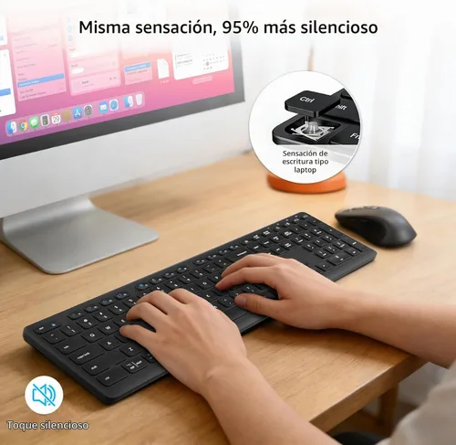 Vista 5 de Combo de teclado y mouse inalámbricos, teclas de interruptor de tijera, receptor USB 2-en-1 y dos Bluetooth, diseño silencioso multidispositivo