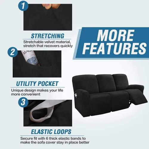 Vista 4 de Funda para sofá reclinable de 8 piezas, terciopelo elástico para sofá reclinable de 3 plazas, funda suave y gruesa para sofá reclinable, protector