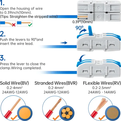 Vista 5 de 20 conectores de alambre, 1 conductor, conectores compactos de empalme de alambre para circuito en línea 24-12 AWG (azul)