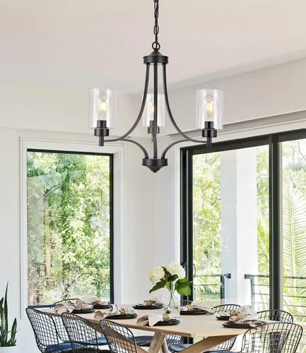 Vista 6 de BOZO Candelabro negro de 3 luces para comedor sobre mesa, lámpara de entrada para vestíbulo, accesorios de iluminación de pasillo con pantalla