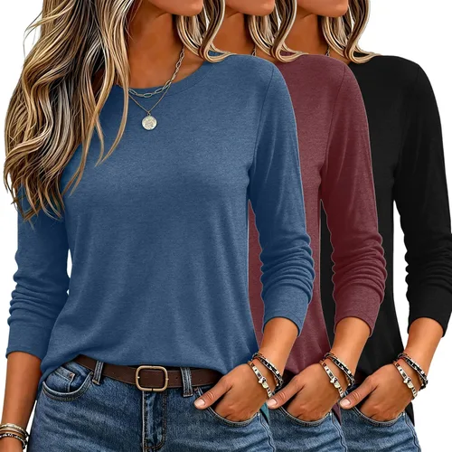 Vista 14 de Zeagoo Paquete de 3 camisetas de manga larga para mujer, estilo casual, suave, cuello redondo, básicas, ropa de otoño Z Rayas Azul 273
