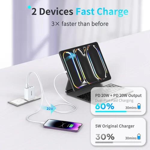 Vista 5 de Bloque de cargador USB C de 45 W, paquete de 2 cargadores de pared plegables, cargador de 3 puertos tipo C, bloque de carga rápida multipuerto