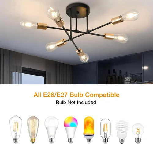 Vista 5 de Lámpara de techo industrial de forma DIY E26 moderna vintage de hierro para recámara, sala de estar, cocina, pasillo, lámparas de araña Negro +