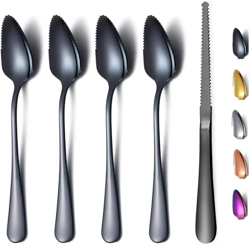 Vista 5 de Juego de 3 cucharas de pomelo negro, 2 cucharas de toronja de acero inoxidable y 1 cuchillo de toronja con chapado de titanio, juego de utensilios