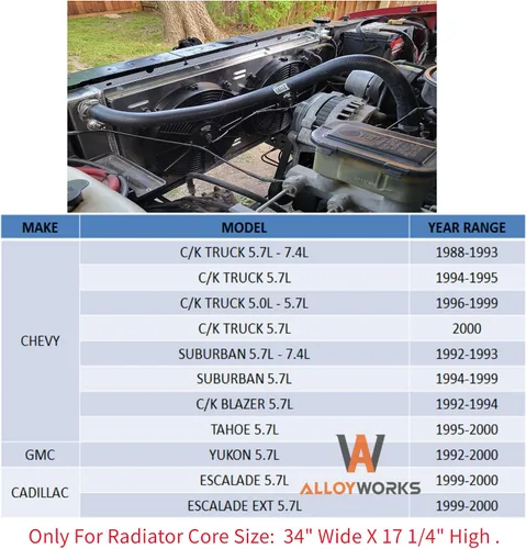 Vista 4 de ALLOYWORKS Radiador de aluminio de 3 filas para Chevy C/K Suburban Truck Blazer Tahoe 5.7L V8 1988 89 90 91 92 92 93 94 95 96 97 98 99 2000 Full