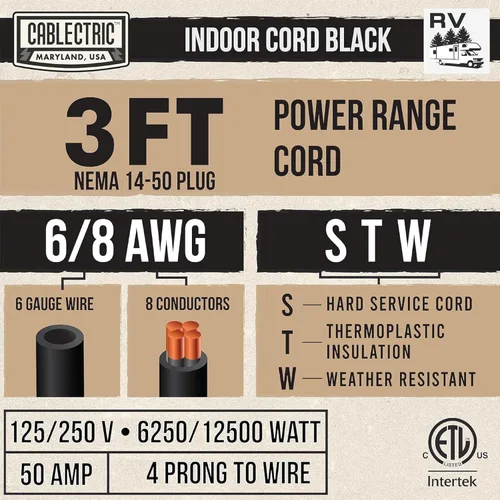 Vista 2 de Cable de alimentación de rango de 4 clavijas de 3 pies - Cable de extensión RV de 50 amperios - Cable resistente de 6/8 AWG - Enchufe de extensión