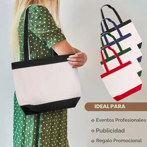Vista 2 de Bolsa de lona con asas para mujer, bolsa de tela reutilizable para comestibles y compras - Bolsa de algodón en blanco, adecuada para proyectos