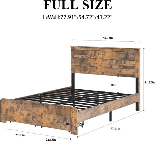 Vista 2 de Base de cama matrimonial con cabecera y almacenamiento, plataforma de madera con 2 cajones, carga USB tipo C y luces LED, no necesita somier, sin