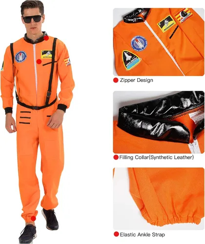 Vista 4 de EraSpooky Disfraz de astronauta para hombre, disfraz de Halloween para adultos, tallas XS-XL, para fiesta de disfraces y cosplay, color naranja