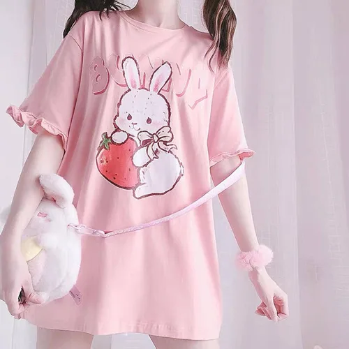 Vista 2 de Camiseta japonesa con estampado de conejo de fresa y volantes para mujer, Rosado