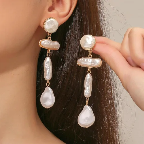 Vista 2 de Aretes de perlas para mujer, aretes colgantes de perlas para adolescentes y niñas, aretes de perlas, elegantes aretes de perlas, aretes colgantes
