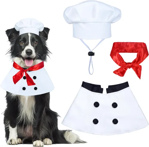 Vista 6 de GOYOSWA Disfraz de Halloween para perro, disfraz de chef para perro, ropa con gorro de chef con bufanda roja, ropa divertida para vacaciones