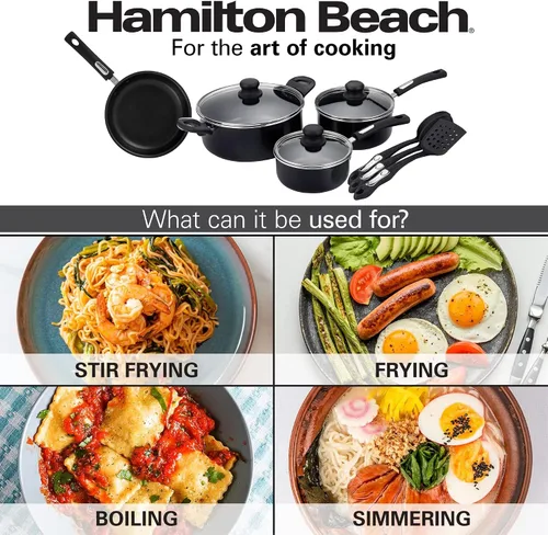 Vista 5 de Hamilton Beach Juego de utensilios de cocina cubiertos de aluminio, sartén antiadherente, horno holandés con mango de baquelita suave al tacto, Negro