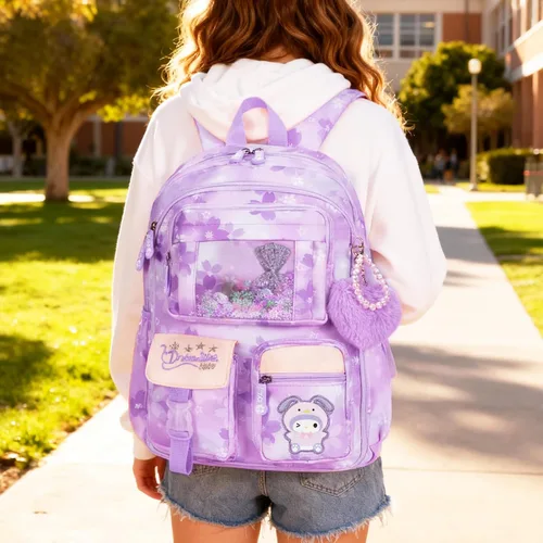 Vista 6 de Mochila Kawaii para niñas primaria primaria y media con múltiples bolsillos, bolsas casuales de viaje, Púrpura, Grande, dibujos animados