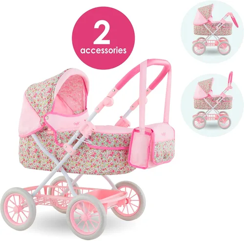 Vista 2 de Corolle Cochecito de muñeca de bebé para niñas, cochecito de bebé plegable de juguete para muñecas con diseño de carro, cochecito rosa