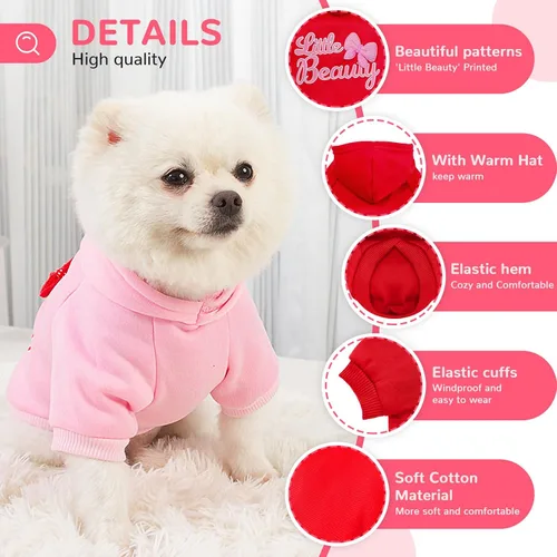 Vista 5 de BAEMJK Paquete de 2 Sudaderas con Capucha para Perros Pequeños con Corbatín, Ropa Linda para Perras con Agujero para Correa, Sudadera Suave y Cálida