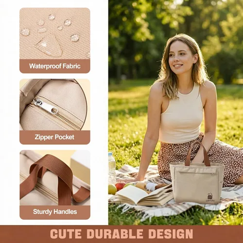 Vista 6 de Bonita bolsa de almuerzo aislada, bolsas Bento personalizadas y coloridas para mujeres, bolsas refrigerantes pequeñas kawaii para almuerzo, tela