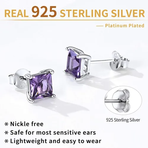 Vista 8 de ChicSilver Aretes de plata de ley 925 con forma de corazón brillante, redondaprincesa con piedra natal para mujer, joyería de cumpleaños