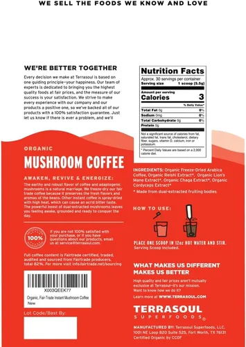 Vista 2 de Terrasoul Superfoods Café orgánico de hongos instantáneos, 30 porciones, 4.75 onzas, comercio justo, liofilizado, tostado medio, frijoles arábigos