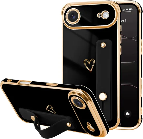Vista 31 de LLZ.COQUE Funda compatible con iPhone 12 para mujeres y niñas, parachoques chapado de lujo con bonito diseño de corazón de amor, soporte de correa