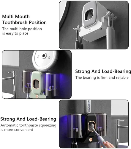 Vista 3 de Portacepillos de dientes con dispensador de pasta de dientes y 2 vasos para cepillos de dientes, múltiples aberturas para colgar, soporte