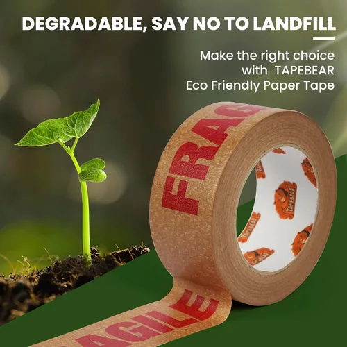 Vista 5 de TAPEBEAR Cinta Frágil de Papel Kraft Ecológico de 2 pulgadas x 55 yardas, Cinta de Papel Marrón de Embalaje Biodegradable Cinta Autoadhesiva