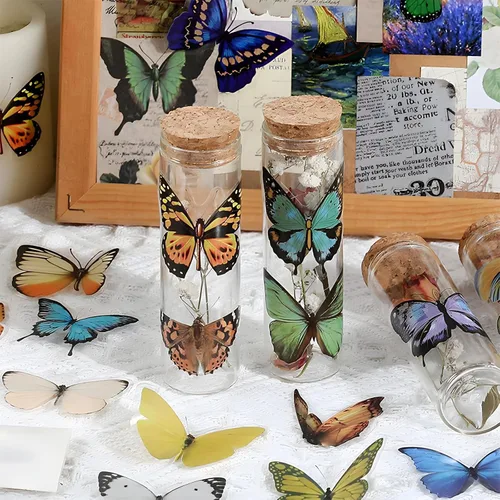 Vista 4 de Paquete de 320 calcomanías de mariposa, calcomanías de mariposas pequeñas transparentes y coloridas para la naturaleza, materiales para álbumes