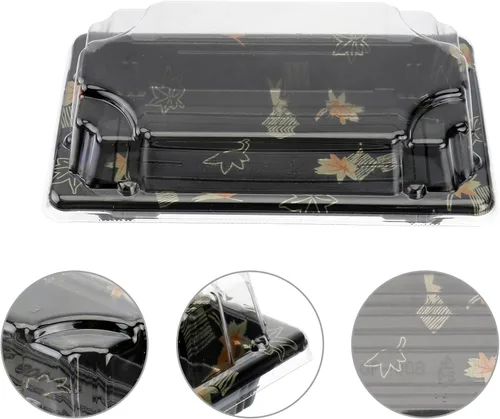 Vista 8 de Yardwe Caja de sushi desechable con tapa, 100 recipientes para sushi, frutas, postres, pasteles, cajas de almacenamiento de alimentos negras