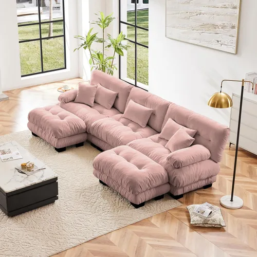 Vista 56 de Sofá modular en forma de U de 118 pulgadas con 2 otomanas, sofá de nube de terciopelo peletizado con almohadas de apoyabrazos de refuerzo, cómodo